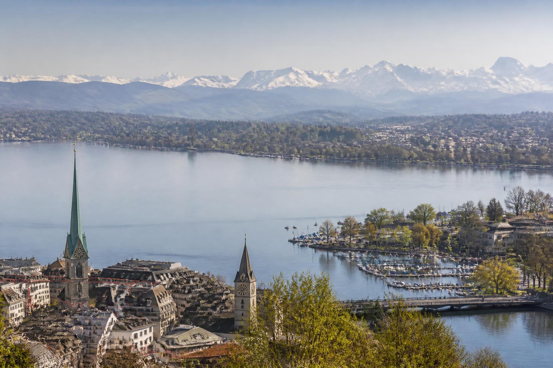 Zürichsee mit Stadt und Schweizer Alpen